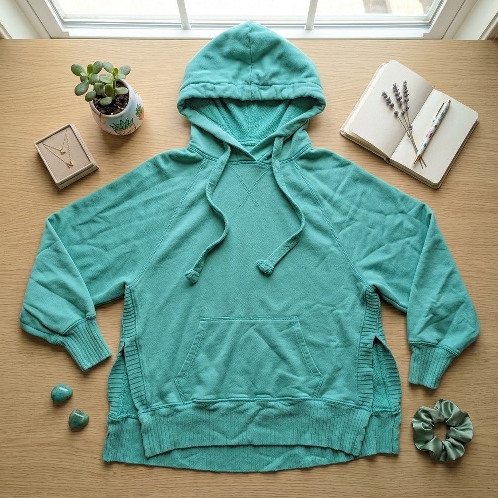 American Eagle Womens Teal Green Oversized Ribbed Split Hem Hoodie Size Small